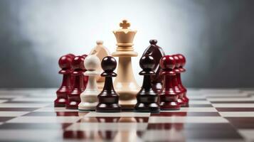 Wooden chess pieces on a chessboard. Conceptual image of leadership and success Generative AI photo
