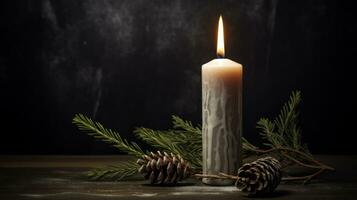 Burning candle with pine cones and branches on a dark background. Generative AI photo