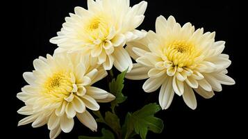 White chrysanthemum flowers isolated on black background with clipping path Generative AI photo