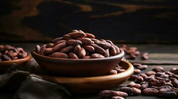 Cocoa beans in bowl on wooden background. Selective focus. Generative AI photo