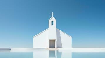 3d representación de blanco Iglesia en azul cielo antecedentes. religioso concepto. generativo ai foto