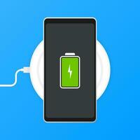 Phone charging, flat icon isolated on a blue background. Concept background design. vector