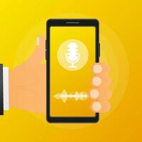 Hand holds phone with record podcast on screen on yellow background. Vector illustration.