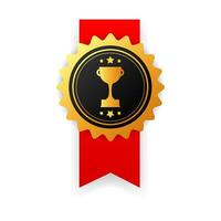 Winner gold rubber badge with red ribbon on white background. Realistic object. Vector illustration.