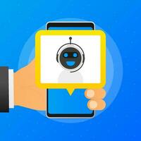 Hand holds phone with chat with bot on blue background. Vector illustration.