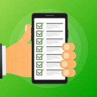 Hand holds phone with check list on screen on green background. Vector illustration.