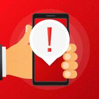 Hand holds phone with danger sign on screen on red background. Vector illustration.