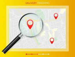 Geo map and zoom lens. Delivery tracking. City map on color background. Vector illustration.