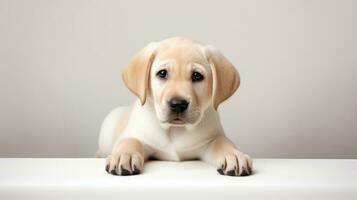 Labrador retriever puppy looking at the camera on a gray background Generative AI photo