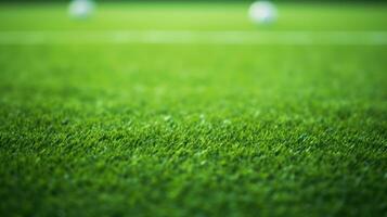 Soccer field with green grass and light bokeh background. Generative AI photo