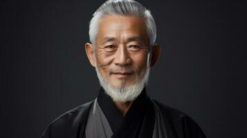 retrato de un mayor asiático hombre con gris pelo vistiendo kimono generativo ai foto