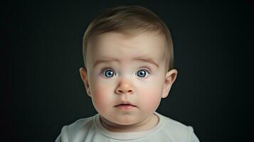 retrato de un linda pequeño chico con azul ojos en un negro antecedentes generativo ai foto