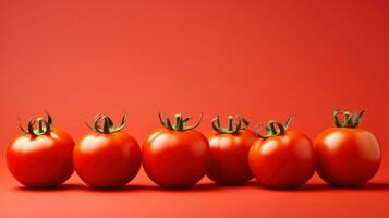 Group of ripe red tomatoes on a red background. 3d illustration Generative AI photo