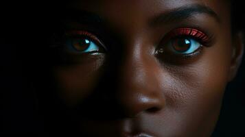 Beautiful african american woman with blue eyes. 3d rendering Generative AI photo