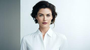 retrato de hermosa joven mujer en blanco camisa. estudio disparo. generativo ai foto