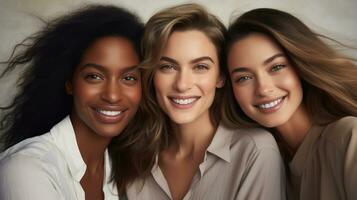 Group of happy women with different skin colors. Multiethnic group. Generative AI photo