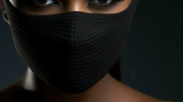 Closeup portrait of a beautiful young woman wearing a black mask. Generative AI photo