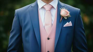 Wedding groom suit with boutonniere and pink tie Generative AI photo