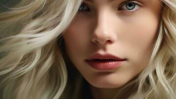 Portrait of a beautiful young woman with long blond hair. Close-up. Generative AI photo