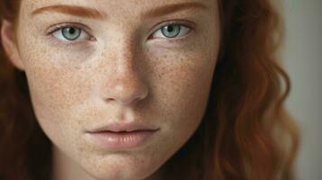 Redhead girl with freckles and freckles close up portrait Generative AI photo