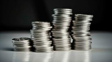 Stacks of silver coins on a dark background, business and finance concept Generative AI photo