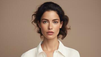 Beautiful young woman with clean fresh skin. Portrait of a fashion model girl with natural make-up. Generative AI photo