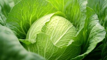 Close up of fresh green cabbage. Selective focus. Shallow DOF Generative AI photo