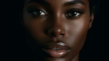 Portrait of beautiful african american woman with perfect skin. Generative AI photo