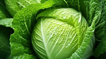 Close-up of fresh green savoy cabbage Brassica oleracea Generative AI photo