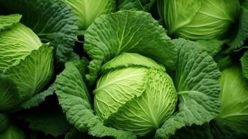 Fresh green cabbage in a vegetable garden, close-up. Food background. Generative AI photo