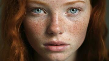 retrato de un Pelirrojo niña con pecas en su cara generativo ai foto