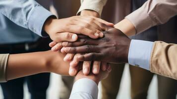 Teamwork concept. Close up of diverse businesspeople putting their hands together. Generative AI photo