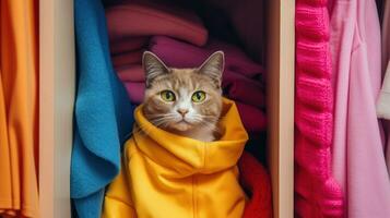 Cute cat in yellow raincoat stands in wardrobe with many colorful clothes. Generative AI photo