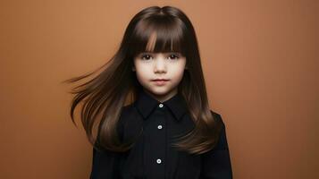 Moda retrato de un linda pequeño niña con largo marrón cabello. generativo ai foto