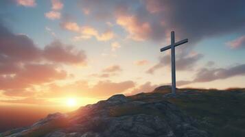 Cross on the top of a mountain at sunset. 3d render Generative AI photo