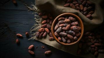 Cocoa beans in a bowl on a black background, top view Generative AI photo