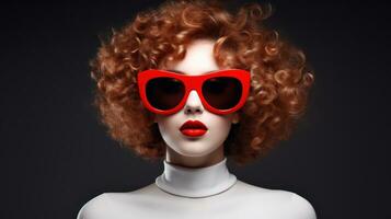 Moda retrato de hermosa mujer con rojo Rizado pelo y Gafas de sol. generativo ai foto