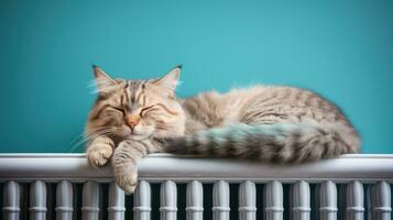 Cute cat lying on a heating radiator in front of a blue background Generative AI photo