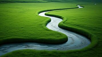 verde prado con un pequeño río en el forma de un ola generativo ai foto