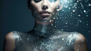 Fashion shot of a beautiful woman with silver glitter on her face. Generative AI photo