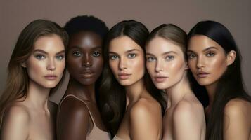 Group of young women with different skin tones. Beauty concept. 3D rendering Generative AI photo