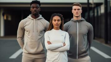 multiethnic group of sporty people standing with crossed arms and looking at camera Generative AI photo