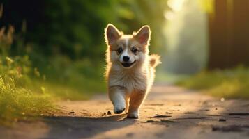 Welsh Corgi Pembroke puppy running on the road at sunset Generative AI photo