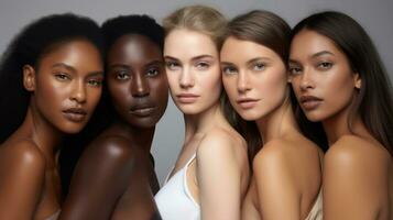 Group of beautiful multiethnic women with different skin types. 3d rendering Generative AI photo