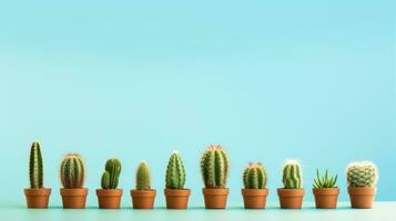 Cactuses in pots on blue background. 3d illustration. Generative AI photo