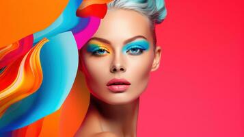 Fashion art portrait of beautiful young woman with bright make-up. Generative AI photo