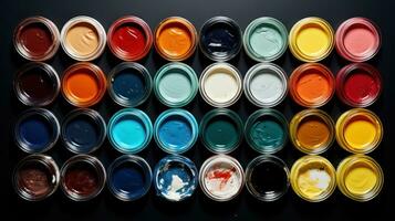parte superior ver de pintar latas en negro antecedentes. 3d representación. generativo ai foto