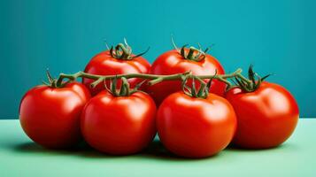 Fresh red tomatoes on a green background. 3d render, 3d illustration Generative AI photo