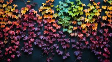 Multicolored ivy leaves on a dark background. Autumn background. Generative AI photo