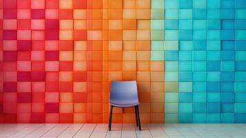 3d render of a chair in front of a colorful mosaic wall Generative AI photo